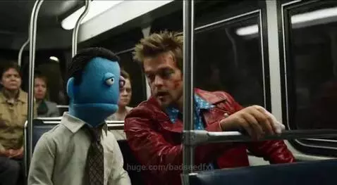 Puppet with black eye and live-action actor resembling Tyler Durden in a Fight Club parody scene.