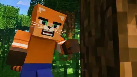Cat-Man spawns in a pixelated Minecraft forest. by arturcenat