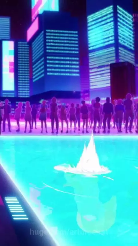 Anthropomorphic duck jumps into a neon pool party, splashing water, shocking an anthropomorphic cat.