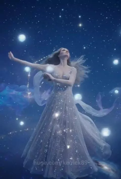 Woman in a sparkling, star-adorned gown dancing gracefully against a deep blue, starry night sky with glowing celestial bodies.