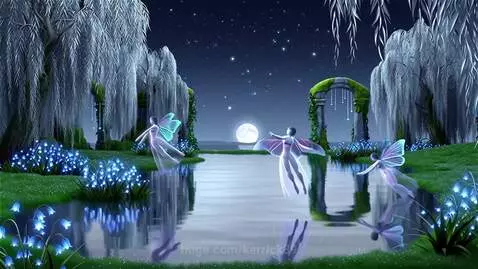 A serene Silvermoon Lagoon at night with glowing blue flowers, moonlight reflecting on water, and fairies gliding.