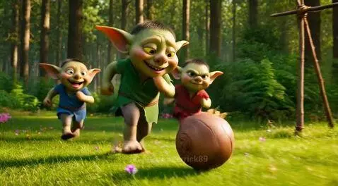 Three green goblins with large ears playing football in a forest, smiling and kicking a ball.