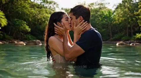 Adult couple embracing and kissing passionately in a natural body of water, with green foliage in the background.