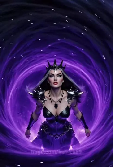 A powerful female dark goddess with white hair and spiked armor stands in a vibrant purple energy vortex against a starry cosmic background.