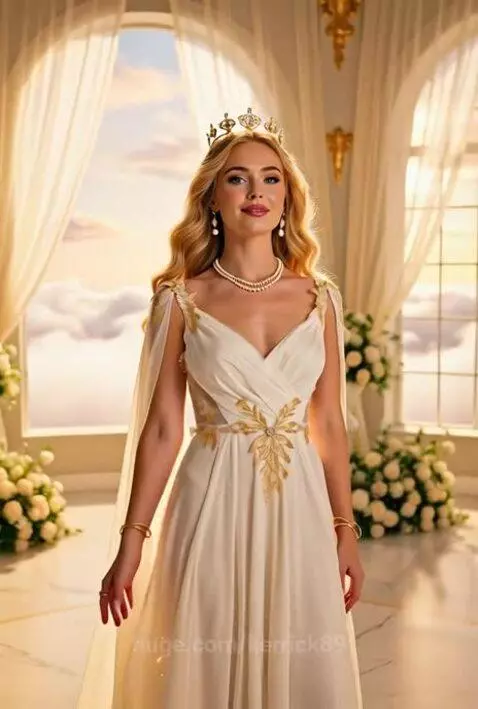 Blonde woman as a goddess in a white and gold gown and crown, smiling in an ornate room with flowers and large windows.