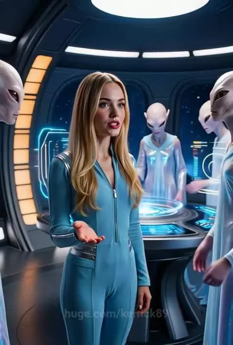 Woman in futuristic jumpsuit extending hand to grey aliens on a spaceship, blue lights, space view.