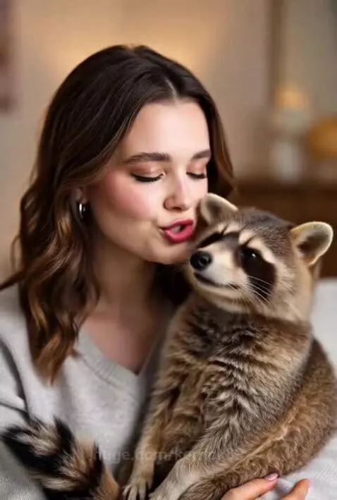 Woman with wavy brown hair gently kissing a raccoon on its nose and head.