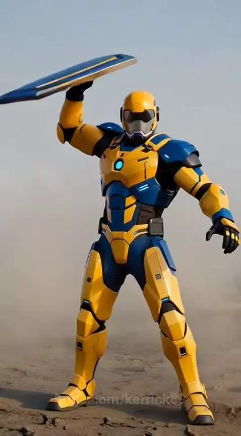 Futuristic yellow and blue armored character slams shield, activating a glowing blue hexagonal energy shield.