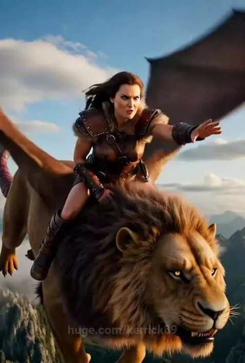 Barbarian warrior in leather armor riding a winged manticore through a stormy sky above mountains.