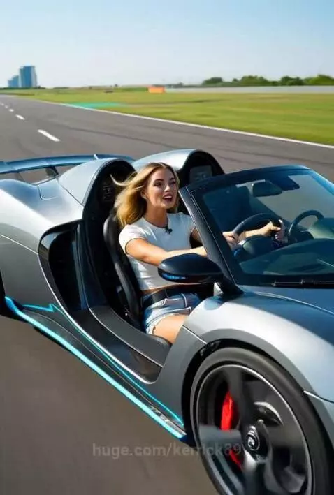 Woman driving a silver convertible sports car on a race track, smiling with excitement.