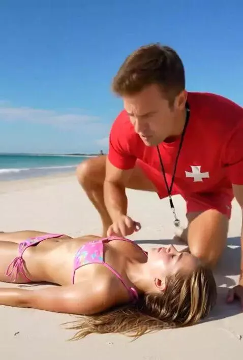 Male lifeguard in red shirt performing CPR on a woman in a bikini on a sandy beach with the ocean in the background.
