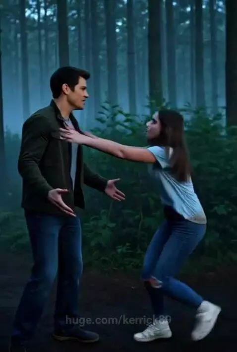 A woman running in a misty forest from a large, hairy monster with glowing red eyes.