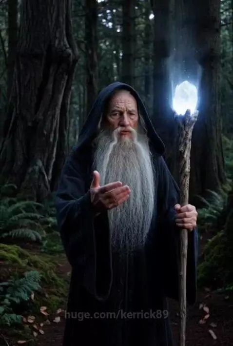 Wizard with long white beard in a hooded robe casts a spell with a glowing crystal staff in a mossy forest.