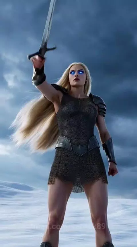 Blonde titan woman in chainmail and armor on a snowy hill, holding a glowing sword as lightning strikes.