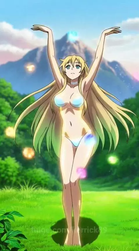 Anime goddess with blonde hair and blue eyes in a light blue bikini, dancing in a green valley with mountains and a blue sky.