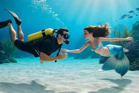 Male diver holding hands with a mermaid with a blue-green tail in a coral reef.