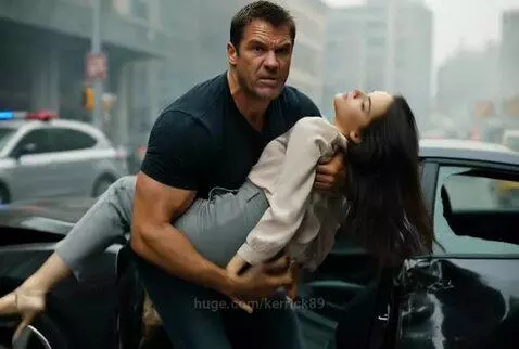 Muscular man in black shirt carries unconscious woman away from a burning car after an explosion.