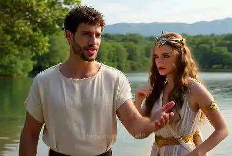 Woman in white gown with bow and quiver confronts a man in a tunic by a serene lake.