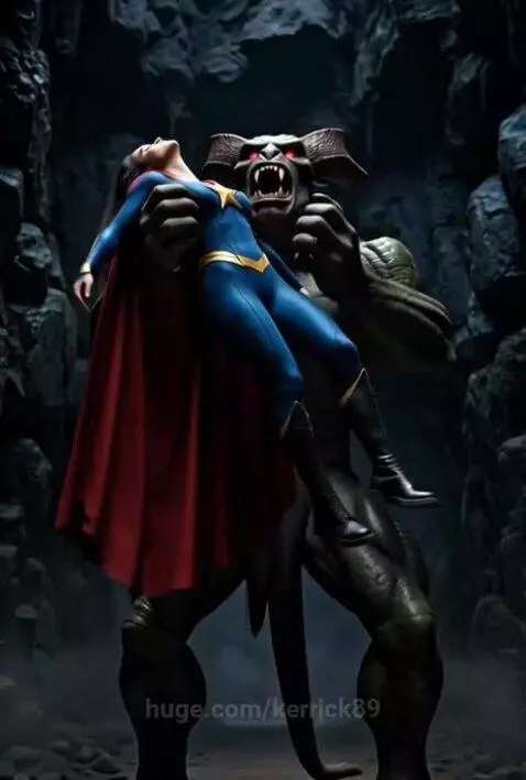 Superheroine in blue suit with gold star and red cape breaking free from a green, horned monster in a rocky cavern.