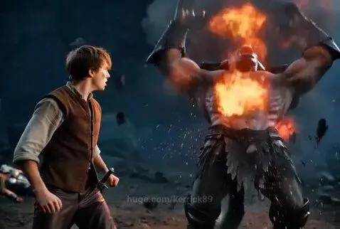 A man in warrior attire holding a woman he just rescued from a monster, with the monster retreating.