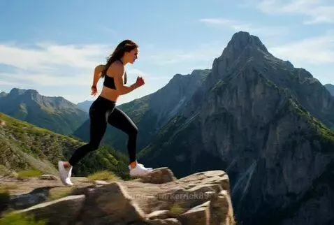 Woman in sports bra and leggings jumping powerfully on a rocky mountain trail with blue sky and green valleys.
