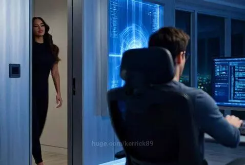 Woman in black jumpsuit places hands on man's shoulders as he codes, saying 'Relax, honey'.