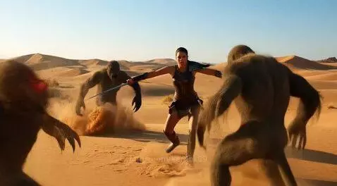 Female warrior in dark armor fighting large, hairy sand monsters with glowing red eyes in a desert.