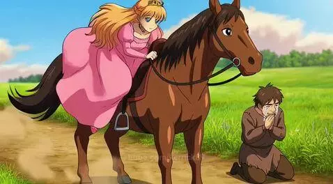 Princess in a pink dress and crown on a horse approaches a kneeling, crying man in a field.