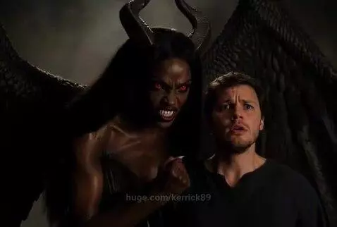 A menacing demoness with horns and wings behind a scared man, who then offers friendship.