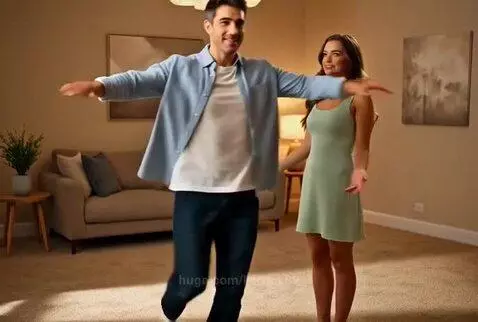 A man in a blue shirt playfully dances while a woman in a green dress smiles and claps, sharing a moment of joy and affection.