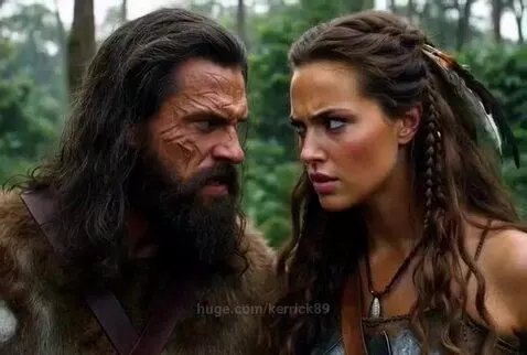 Warrior woman and man in a forest battle, ending with a kiss.