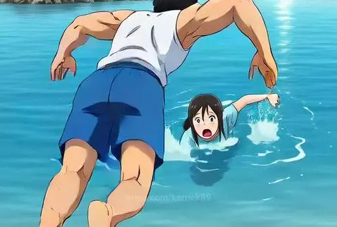 Muscular anime man in white tank top rescues woman from water, carrying her to the beach.