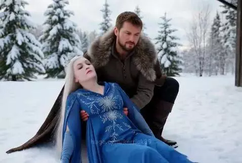 Man in fur cloak carrying a woman in a blue dress and crown into a wooden cabin.