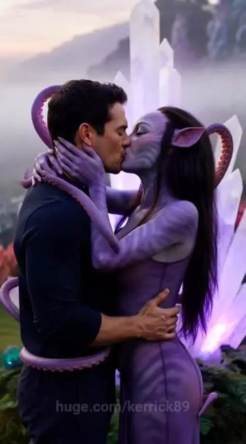 A man and a purple-skinned alien woman in a romantic embrace in a glowing alien landscape, sharing a kiss.