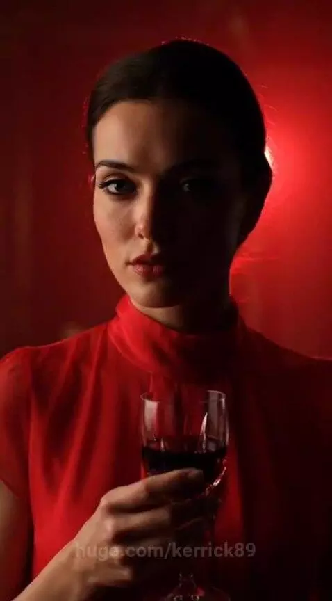 Woman with dark hair in a red dress, holding wine, with glowing red eyes in a dark, red-lit setting.