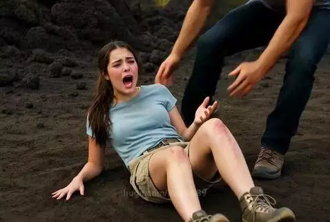 Woman with broken leg being carried away from a violent volcano eruption with lava and smoke.