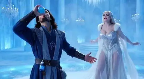 A man and a woman in a fantasy palace, the woman in a white gown, sharing a kiss after a magical encounter.