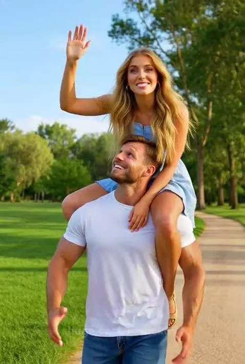 Man carrying smiling woman on shoulders in a sunny park with trees and grass.