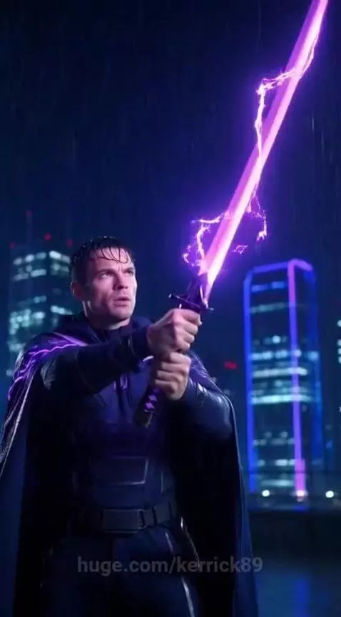 Man in futuristic outfit with glowing purple katana on a rainy rooftop, deflecting laser blasts from drones.