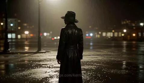 Woman in black trench coat and wide-brimmed hat standing in the rain at night, city lights blurred in background.