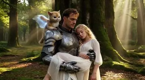 Knight in glowing blue armor carrying a sleeping woman through a sun-dappled, magical forest with a winged creature.