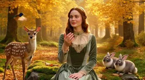 Woman in green velvet dress in golden autumn forest with deer, rabbits, and a bird on her hand.