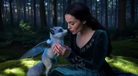 Woman in a green velvet dress kneeling and holding a small, glowing, blue winged fox-like creature in a mossy forest.