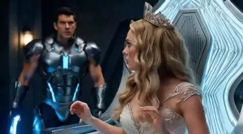 Futuristic knight with a glowing sword defends a queen in a crown from laser fire in a sci-fi corridor.