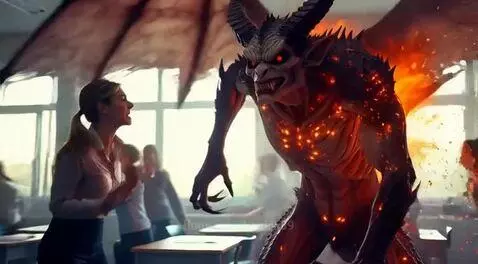 A horned demon with fiery eyes in a classroom, initially scary but later being comforted by children.
