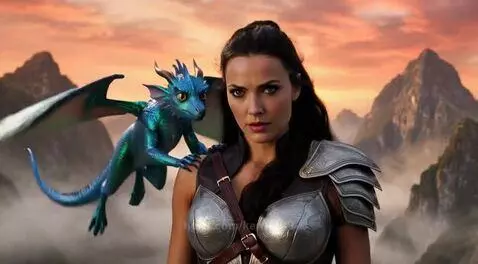 Fantasy woman in armor gently interacting with a small blue-green dragon on her shoulder at sunset.
