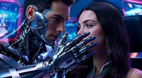 Close-up of a cyborg with a metallic face and arm touching a woman's face, set against a backdrop of neon lights.