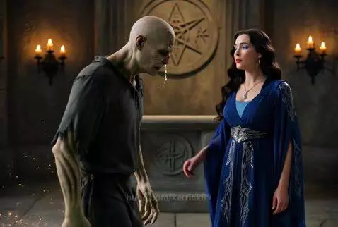 Woman in blue dress touching face of a glowing, transforming zombie-like man in a stone room.