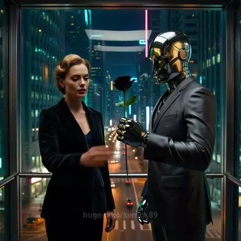 Woman in a dark suit accepts a black rose from a robot in a futuristic city at night.