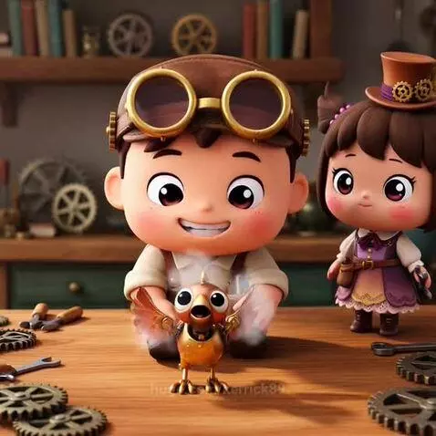 Animated boy in cap and goggles presents a golden mechanical bird to a girl in a top hat, who claps with a wrench.